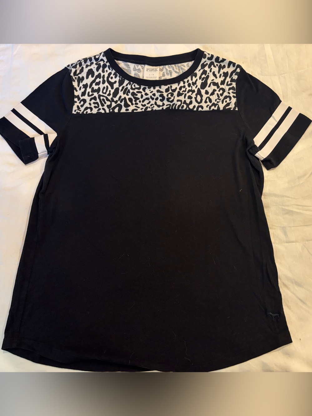 Black Tee with Leopard and Striped Sleeves